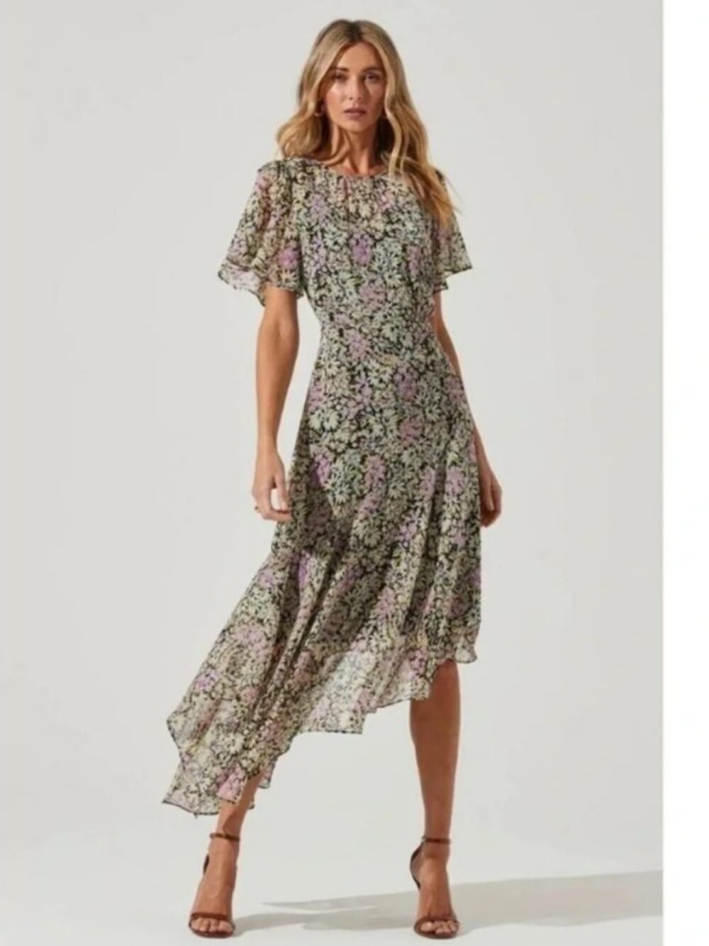 Flutter Sleeve Asymmetrical Floral Maxi Dress - BLACK DAISY FLORAL / Small